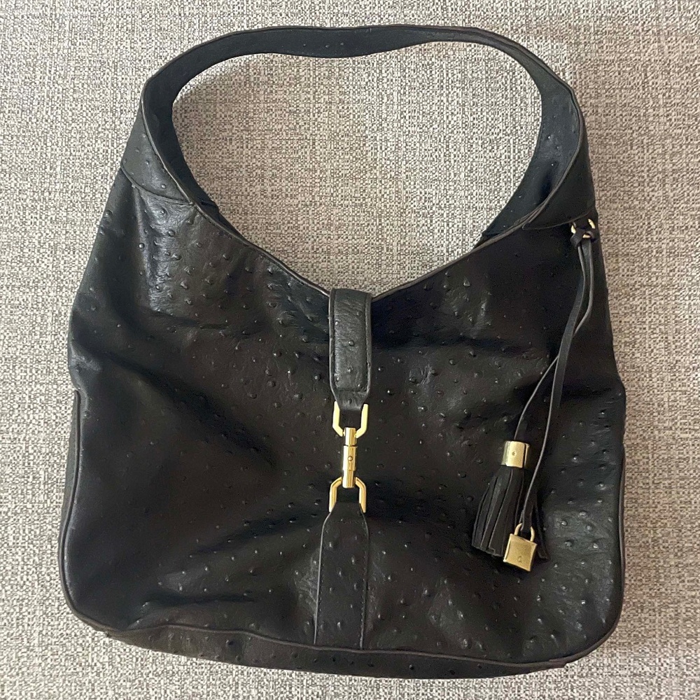 GILI Hobo Style Handbag Black Leather Ostrich Embossed Shoulder Bag Purse